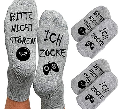 Gaming Socken Geschenke für Gamer 2 Paar, Zocken Socken mit Spruch bitte nicht stören ich zocke Lustige Socken, Baumwollsocken Haussocken Wintersocken Weihnachtsgeschenke für Männer Jungs