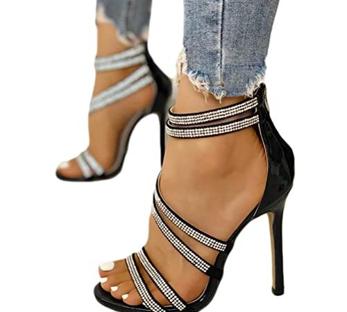 Minetom Damen Sandaletten High Heels Glänzende Strasssteine Stiletto Open Toe Hohl Kreuzgurt Sandalen Abend Party Braut Schuhe Riemchenpumps A Schwarz 38 EU