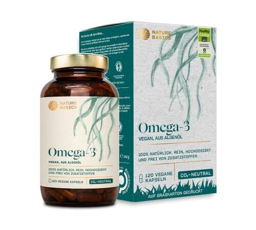 Nature Basics® Algenöl Omega 3 vegan | 120 (!) Kapseln hochdosiert im Glas | rein unverarbeitet zertifiziert nachhaltig & CO2-neutral | Pro Kapsel natürliche 455mg mit 30% DHA & 15% EPA | laborgeprüft