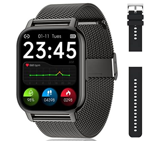 Popglory Smartwatch für Damen Herren, 1.85 Zoll Touch-Farbdisplay mit Bluetooth Anrufe,Fitnessuhr mit SpO2 Blutdruckmessung Herzfrequenz Schrittzähler Schlafmonitor kompatibel mit iOS&Android