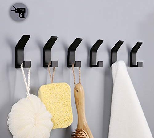 Poprkdre Handtuchhalter ohne bohren Handtuchhaken Wandhalterung 6 Stück, selbstklebende Haken für Badezimmer, Handtuch-Mantel-Taschenwandhaken, Aluminium, rostfrei (Schwarz)