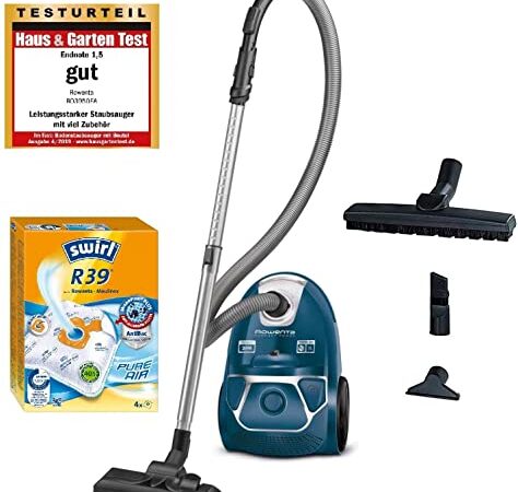 Rowenta RO3950 Staubsauger mit Beutel + 4er Pack Swirl R 39 Staubsaugerbeutel für Dauerhaft hohe Saugleistung, 3L Beutelvolumen, 750 W = 2000W, extrem leise, Hygienefilter, mit Parkettdüse