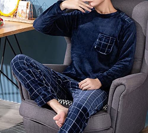 shownicer Herren Pyjama Set Winter Zweiteiliger Männer Fleece Schlafanzug Warm Sleepwear Flannel Hose und Tops Langarm Nachtwäsche B Blau XL