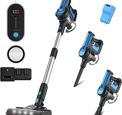 TASVAC Akku Staubsauger, 6-in-1 Staubsauger Kabellos, 26KPa Starke Saugleistung, Bürstenloser Motor bis zu 60 Min, 8-Zellen Abnehmbarer Akku, LED Display, Stabstaubsauger für Teppiche, Hartboden