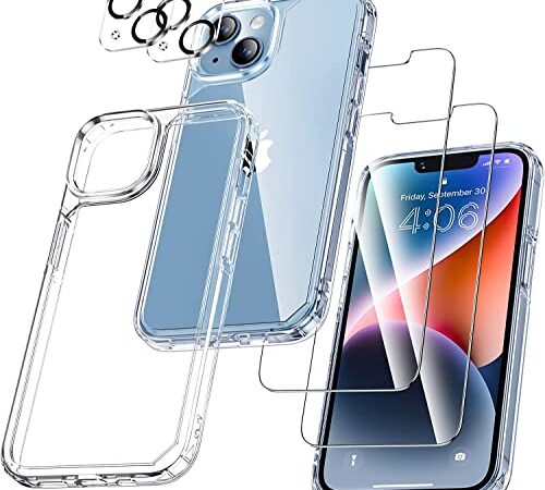 UniqueMe 5-in-1-Set für iPhone 14 Plus Hülle, [Nie Vergilbung] Handyhülle iPhone 14 Plus Case Rundumschutz Schutzhülle Cover [1 Handyhülle+2 Schutzfolie+2 Kameraschutz] - Transparent