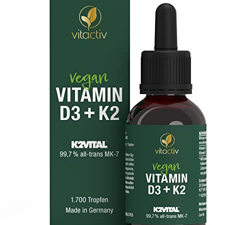 VITACTIV Vitamin D3 K2 Tropfen - K2VITAL® 99,7% all-trans MK-7 - D3 pro Tropfen 1000 IE, Hochdosiert, Hoch Bioverfügbar - Aus Deutschland, Laborgeprüft, Vegan - 50ml, 1700 Tropfen