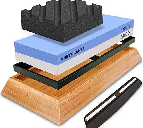 Wetzstein Messerschärfer Set - High-Density 1000/6000 Dual Grit Nassschärfer Wasserstein für Messer Komplett mit Abflachstein, Winkelführung und rutschfester Bambusbasis für Kochergebnisse…