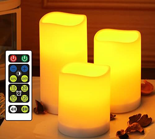 WRalwaysLX Flammenlose Kunststoff-Stumpenkerzen für Außen- und Innenbereich, LED-Kerzen mit Fernbedienung und Timer, 3 Kerzen, verwendet durch 3 AAA-Batterien