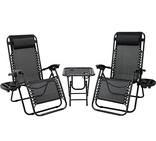 3-teiliges Sonnenliege set, klappbar Liegestuhl mit verstellbarem Kopfpolster & Rückenlehne, Relaxliege für Mittagspause mit Beistelltisch & Getränkehalter, ergonomisch und atmungsaktiv, Schwarz