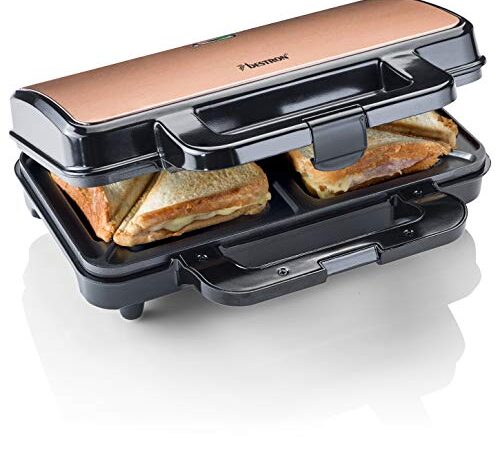 Bestron XL Sandwichmaker, Antihaftbeschichteter Sandwich-Toaster für 2 Sandwiches, 900 Watt, Schwarz/Kupfer