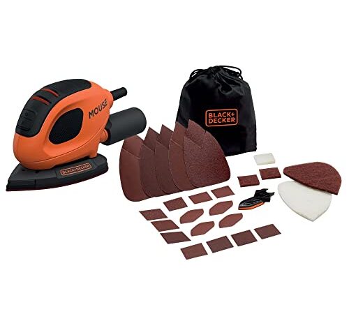 Black+Decker Dreieckschleifer Mouse (55 Watt, Schleifplatte 133 x 95 mm, Schleifen/Polieren, Klettfix-System, inkl. Schleifpapiere + Fingerschleifpapier, Staubsaugeradapter, Tasche) BEW230BCA