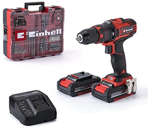 Einhell Akku-Schlagbohrschrauber-Set TE-CD 18/40 Li-i +64 (2x2,0 Ah) Power X-Change (Li-Ion, 18 V, 40 Nm, Drehzahl-Elektronik, 2-Gang-Getriebe, max. 24.000 min-1, inkl. Akkus, Ladegerät & Zubehör)