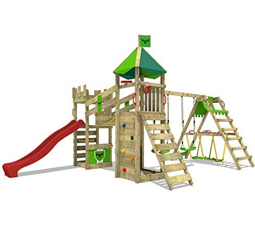 FATMOOSE Spielturm Ritterburg RiverRun Royal mit SurfSwing, Schaukel & roter Rutsche, Outdoor Kinder Kletterturm mit Sandkasten Leiter & Spiel-Zubehör für den Garten