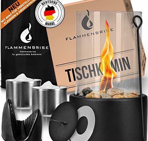 Flammenbrise® Tischkamin | Tischfeuer für Indoor und Outdoor | Ethanol Kamin mit [200g] Natursteinen | INKL. 2 Brennkammern | Unendliche Brenndauer