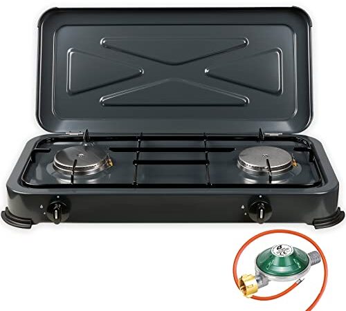 Gaskocher Campingkocher 2 flammig mit Zündsicherung mit Gasregler 50mbar und Gasschlauch 100cm