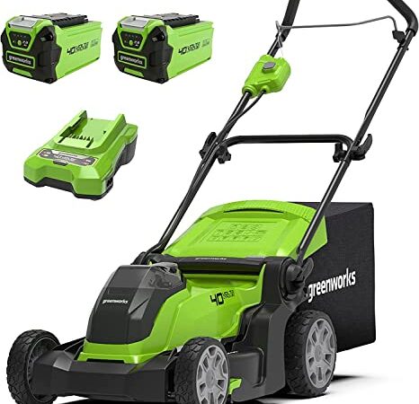 Greenworks G40LM41K2X Kabelloser Akku Rasenmäher für Flächen bis zu 500 m², 41 cm Schnittbreite, 50-Liter-Sack PLUS zwei 40 V 2Ah-Akkus mit Ladegerät, 3 Jahre Garantie