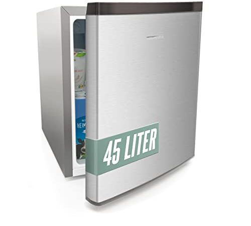 HEINRICHS Getränkekühlschrank 45L klein kompakt leise: 41db mit Gefrierfach Mini-Bar; Tisch-Kühlschrank; Mini Kühlschrank mit Gefrierfach; perfekt geeignet für Büro Camping Garten Outdoor (Silber)
