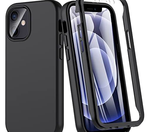 Hensinple Für iPhone 12 Mini Hülle, 360 Grad Rundumschutz handyhülle iPhone 12 Mini Mit Eingebautem 9H Displayschutz, Stoßfest Schutzhülle iPhone 12 Mini Bumper Case Cover für iPhone 12 Mini-Schwarz