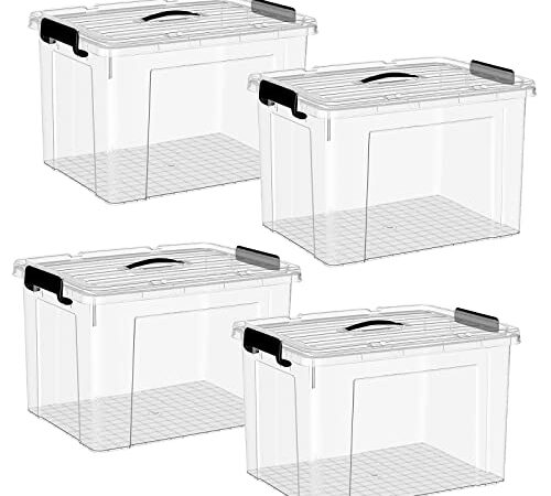 HOHAOO Aufbewahrungsboxen mit Deckel,4 Stück 80L stapelbare Aufbewahrungsboxen Klarer Kunststoff nestbar mit Clip verschließbar für Haus,Büro,Garage