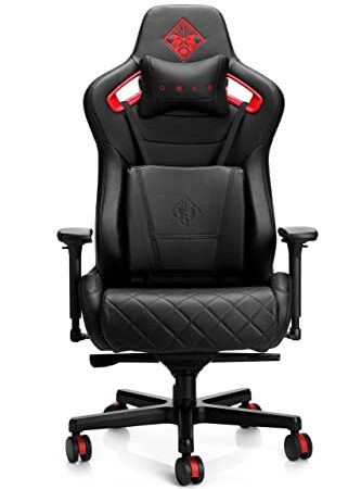 HP Citadel Gaming Stuhl (Bürostuhl, Schreibtischstuhl, höhenverstellbar, Lendenkissen, Kopfkissen, 4D verstellbare Armlehnen) schwarz / rot, Universell