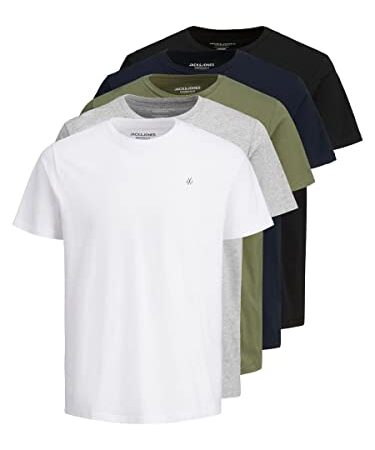 JACK & JONES Herren Kurzarm 5 Pack T-Shirt - Eclipse/Weiß/Schwarz/Grau/Dusty - M