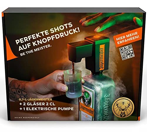 Jägermeister Set elektrische Pumpe für 0,7l Flasche - 1 x 0,7l Premium Kräuterlikör 35% Vol., Mini Zapfanlage und 2 x Shotglas 2cl - limitiertes Geschenk Set - Das Original aus Wolfenbüttel