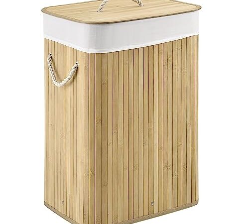 Juskys Bambus Wäschekorb Curly 72 Liter Natur — Wäschesammler mit Deckel, Griff & 1 Fach — Stoff Wäschesack herausnehmbar & waschbar Wäschetonne
