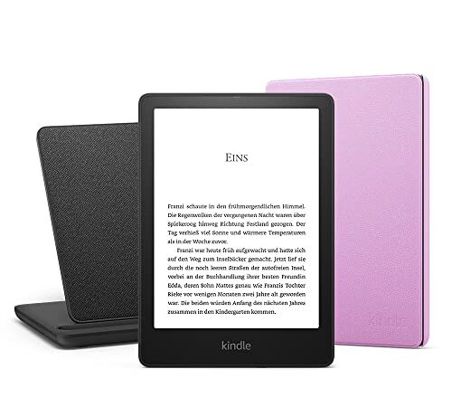 Kindle Paperwhite Signature Essentials Bundle mit einem Kindle Paperwhite Signature Edition (32 GB | ohne Werbung), einer Amazon Lederhülle (Lavendel) und einem kabelloses Ladedock „Made for Amazon“