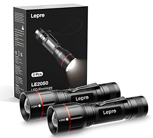 Lepro LED Taschenlampe, LE2050 Extrem Hell, mit Clip, Zoombare Handlampe mit 5 Modi, Wasserdichte Flashlight für Camping, Outdoor, Wandern, Angeln, Geschenk, 2 Stück