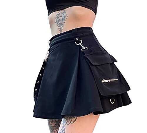 Loalirando Damen Faltenrock Reißverschluss A-Linie Rock mit Taschen Kurz GothicHöhe Taille Minirock Streetwear (Schwarz, S)