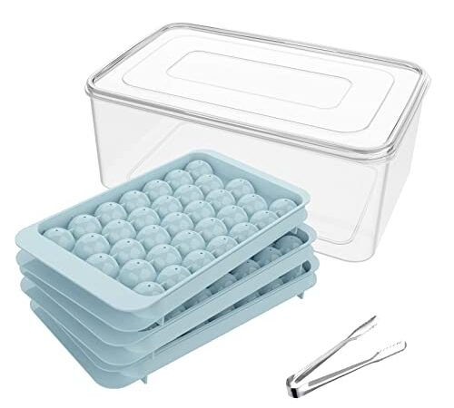Miaowoof Mini Eiswürfelform Bälle, Runde Eiswürfelbehälter für Gefrierschrank Kreis, Eis, Cocktail, Whiskey, Tee, Kaffee, 1in x 99 Stück(3 Blaue Eiswürfelschalen & Eisbehälter & Eiszange)