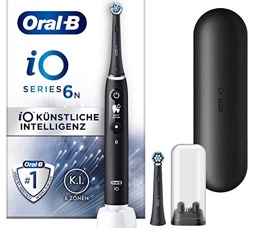 Oral-B iO Series 6 Elektrische Zahnbürste/Electric Toothbrush, 2 Aufsteckbürsten, 5 Putzmodi für Zahnpflege, Magnet-Technologie, Display & Reiseetui, Geschenk Mann/Frau, Designed by Braun, black lava