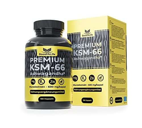 PREMIUM Ashwagandha KSM-66® Wurzelextrakt, 180 Vegan Kapseln mit 1200 mg/ Tag, und Magnesium bisglycinat, Zink, Vitamin B6, GMO Frei, erhöhte Energie, Körperliche und emotionale Ausgewogenheit