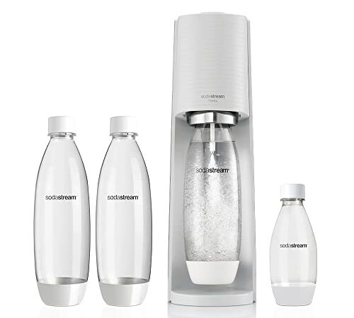 Sodastream Wassersprudler Terra White Value Pack x 3 mit 2 x 1L Flaschen und 1 x 1/2L Flasche spülmaschinenfest und 1 x CO2 Quick Connect Zylinder für bis zu 60L