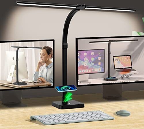 tantu Schreibtischlampe Led Dimmbar,SchreibtischLampe mit 15W Wireless Charging und USB Ladefunktion,24W 80CM Doppelkopf Schreibtisch Lampe,5 Farb 5 Helligkeitsstufen Bürolampe Schwanenhals (Schwarz)
