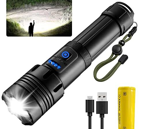 Taschenlampe, Taschenlampe LED Aufladbar, 20000 Lumen LED Taschenlampe Extrem Hell mit 5 Modi, Taschenlampe Batteriebetrieben, LED Taschenlampe Zoombar für Outdoor, Camping, Geschenk(26650 Akku)