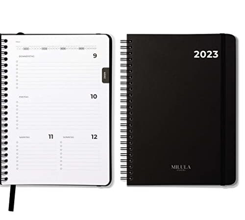 Terminplaner 2023, Kalender 2023 Buchkalender A5 - Minimalistischer Planer 2023 als Ringbuch Wochenplaner, Terminkalender - Praktischer Taschenkalender 2023 in Schwarz by Milula Studios