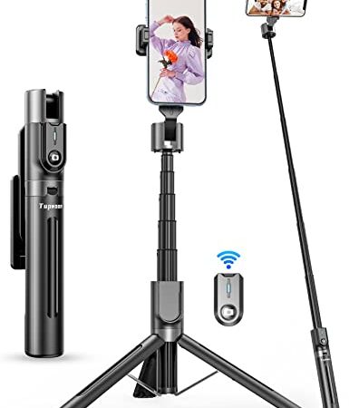Tupwoon Wiederaufladbarer Selfie Stick,1,1m Verstärktes Stabiles Selfie Stick Stativ, Tragbar Aluminiumlegierung Teleskopstange kompatibel mit iPhone Samsung