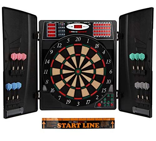 UItrasport elektronisches Dartboard mit Türen, Classic Dart für 16 Spieler, Dartspiel mit LED-Anzeige, 38 Spielen und vielen Varianten/Dartscheibe inklusive 12 Softpfeile und verschließbaren Türen