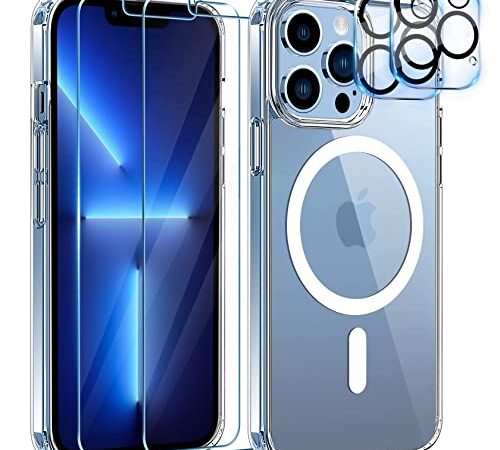 YisrLery Magnet Hülle für iPhone 13 Pro MAX Hülle für MagSafe mit 2 Stück Panzerfolie und 2 Stück Kameraschutz, Militärnorm Schutz PC Rückseite Stoßfest TPU Bumper Magnetische Hülle 6.7'' - Klar