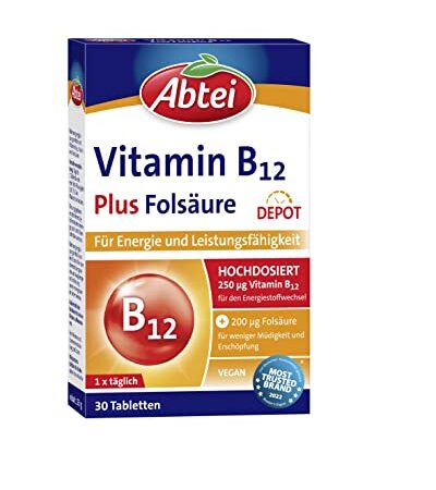 Abtei Vitamin B12 plus Folsäure - für Energie und Leistungsfähigkeit - hochdosiert mit 250µg Vitamin B12 und 200µg Folsäure, 1 x 30 Tabletten