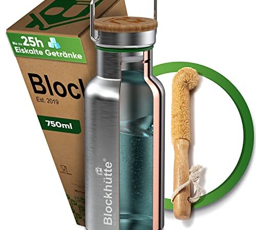 Blockhütte Premium Edelstahl Trinkflasche isoliert I 750ml I mit Naturborsten Bürste I Isolierflasche auslaufsicher I Wasserflasche spülmaschinenfest für Sport & Freizeit I BPA Frei