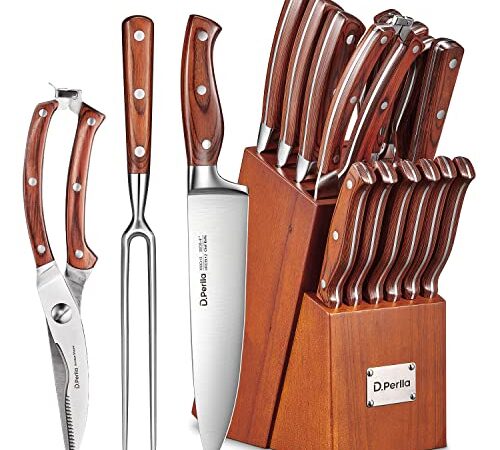 D.Perlla Messerblock | Messerset | 16-TLG Messer mit Holzgriff | Edelstahl Kochmesser Set mit Holzblock | Profi Küchenmesser mit Wetzstahl