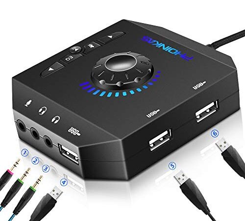 Externe Soundkarte, PHOINIKAS T10 USB Audio Adapter für PC Windows, Mac, Linux, Laptops, Desktops, Stereo Soundkarte mit 3,5mm Schnittstelle & USB Schnittstelle, Plug & Play (6-in-1, Schwarz)