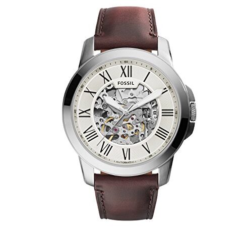 Fossil Herrenuhr Grant, mechanisches Automatikwerk, 45mm Silbernes Edelstahlgehäuse mit Lederarmband, ME3099
