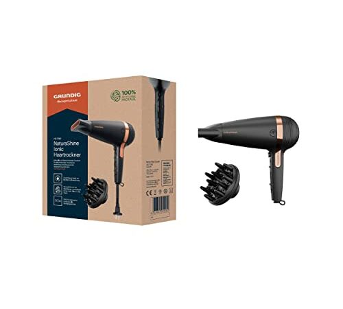 GRUNDIG Naturashine HD 7081 Haartrockner mit Ionic- Funktion, Keramik Schutz, Cool Touch Stylingdüse, 2100 W, 3 Temperatur- und 2 Luftstromstufen, Kaltstufe, einziehbares Kabel, Schwarz / Roségold