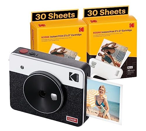 KODAK Mini Shot 3 Retro 4PASS 2-in-1 Sofortbildkamera und Fotodrucker (7,6x7,6cm) + Paket mit 68 Blatt, Weiß