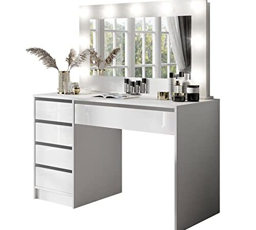 lukmebel MADA Schminktisch mit Spiegel, Beleuchtung, Schubladen, Weiß Hochglanz (Make Up Tisch, Frisiertisch, Kosmetiktisch, Vanity Table)