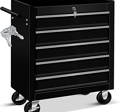 Masko® Werkstattwagen - 5 Schubladen, schwarz ✓ Abschließbar ✓ Massives Metall | Mobiler Werkzeug-Wagen ohne Werkzeug | Profi Werkstatt-Wagen | Rollwagen zur Werkzeugaufbewahrung mit Schloss |