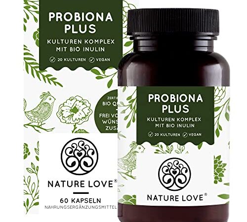 NATURE LOVE® Probiona PLUS - 120 Mrd KBE je Tagesdosis (hochdosiert) - 20 Bakterienstämme + Bio Inulin - Magensaftresistente Kapseln - Vegan, in Deutschland produziert